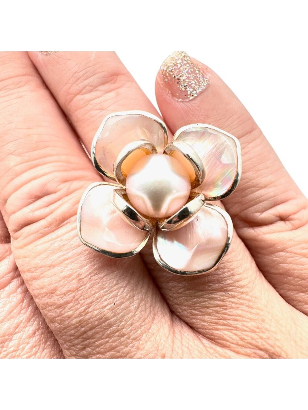 Womens Ring Sterling Silver Pink Pearl Size 9 Statement Ring Designer
